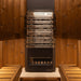 Saunum Air heater front view with stainless stone basket between two cedar benches