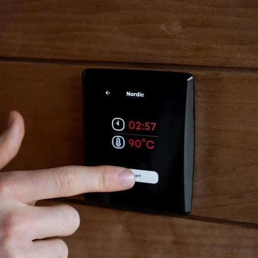 Saunum Air L 15 wall touch controller displaying Nordic program timer and temperature