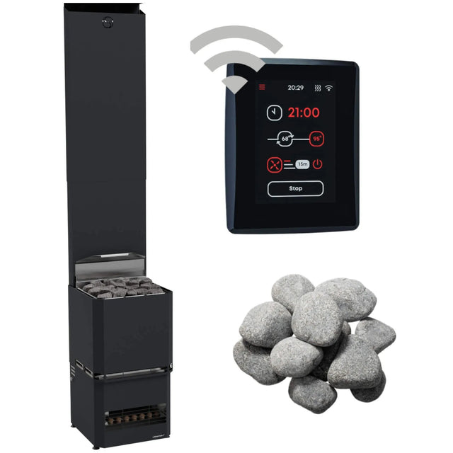 Saunum Air L heater with WiFi touchscreen controller showing settings and sauna stones