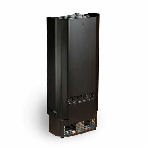 Angled view of the Saunum Air Perfect black electric sauna heater with stones
