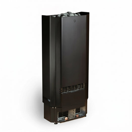 Angled view of the Saunum Air Perfect black electric sauna heater with stones