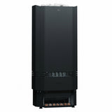 Saunum Air Perfect black electric sauna heater front with rising steam
