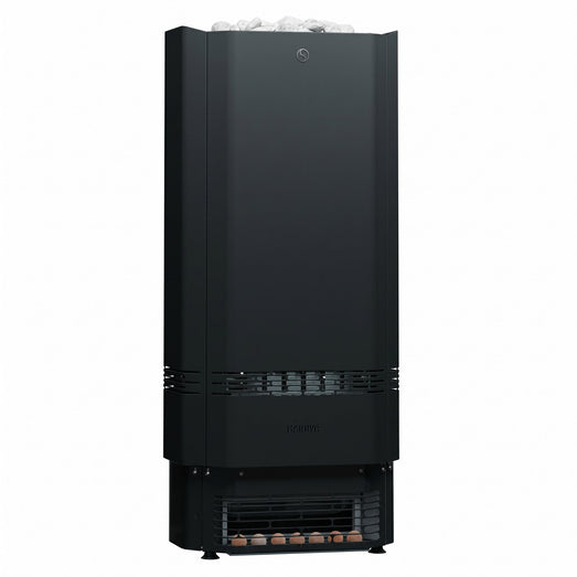 Saunum Air Perfect black electric sauna heater front with rising steam