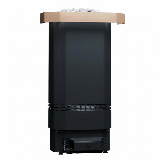 Saunum Air Perfect heater with wood top cap and stones above the unit