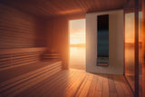 Saunum AirSolo 70 equalizer in warm sauna interior at sunset
