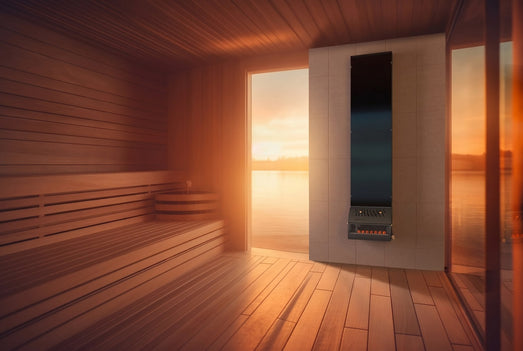 Saunum AirSolo 70 equalizer in warm sauna interior at sunset
