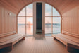 Saunum AirSolo 70 mounted in lakeside sauna with arched windows