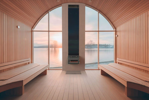 Saunum AirSolo 70 mounted in lakeside sauna with arched windows