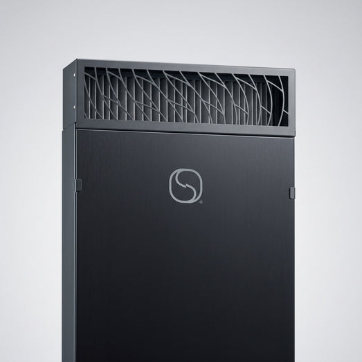 Saunum AirSolo 70 top vent louvers and logo close-up