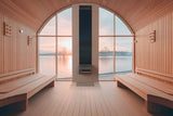 Saunum AirSolo 80 installed in a barrel sauna overlooking a winter lake
