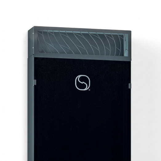 Close-up of the Saunum AirSolo 80 top vent louvers and branded panel