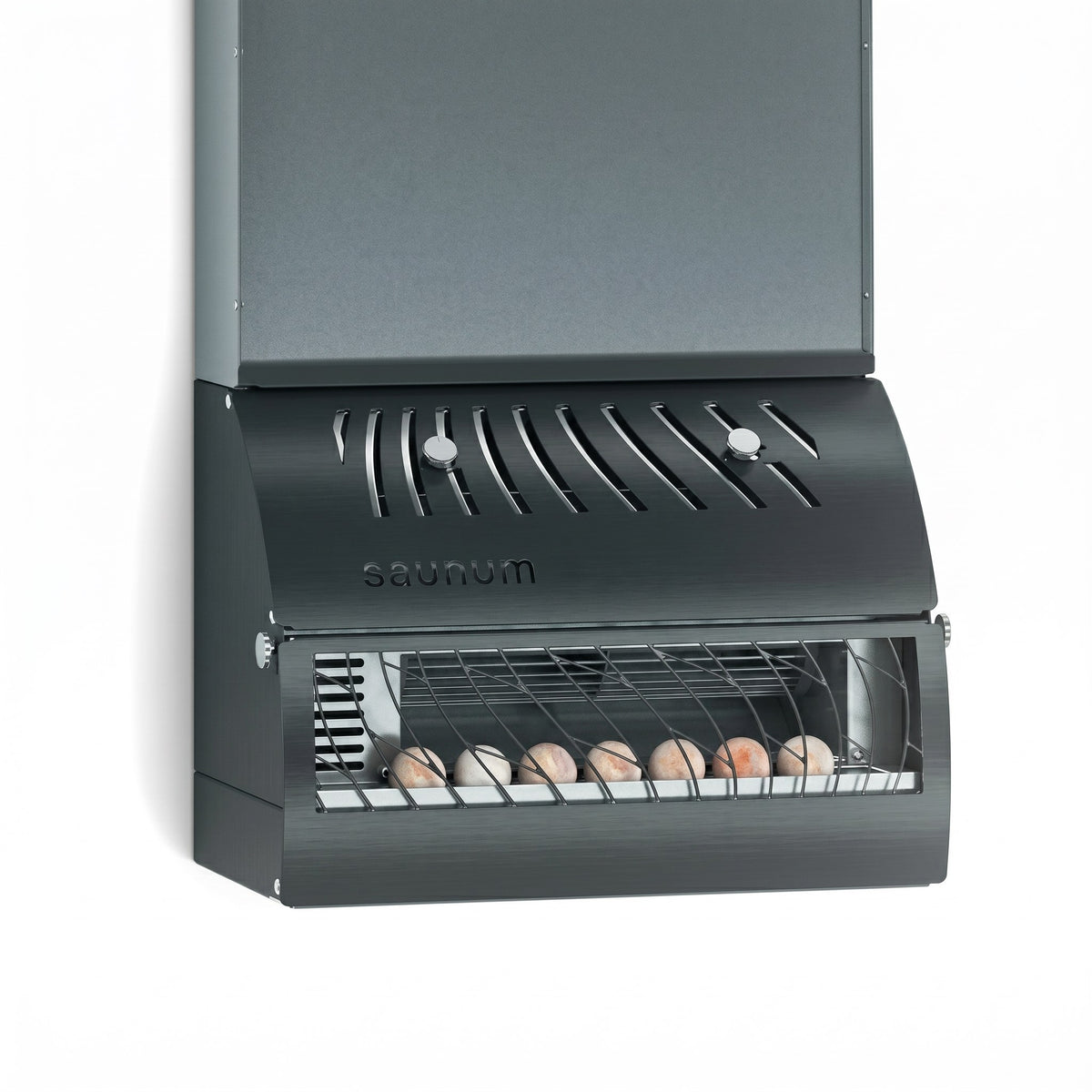 Saunum AirSolo Wall equalizer with open lower vent showing heated stones