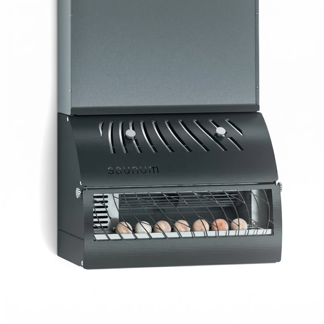 Saunum AirSolo Wall equalizer with open lower vent showing heated stones