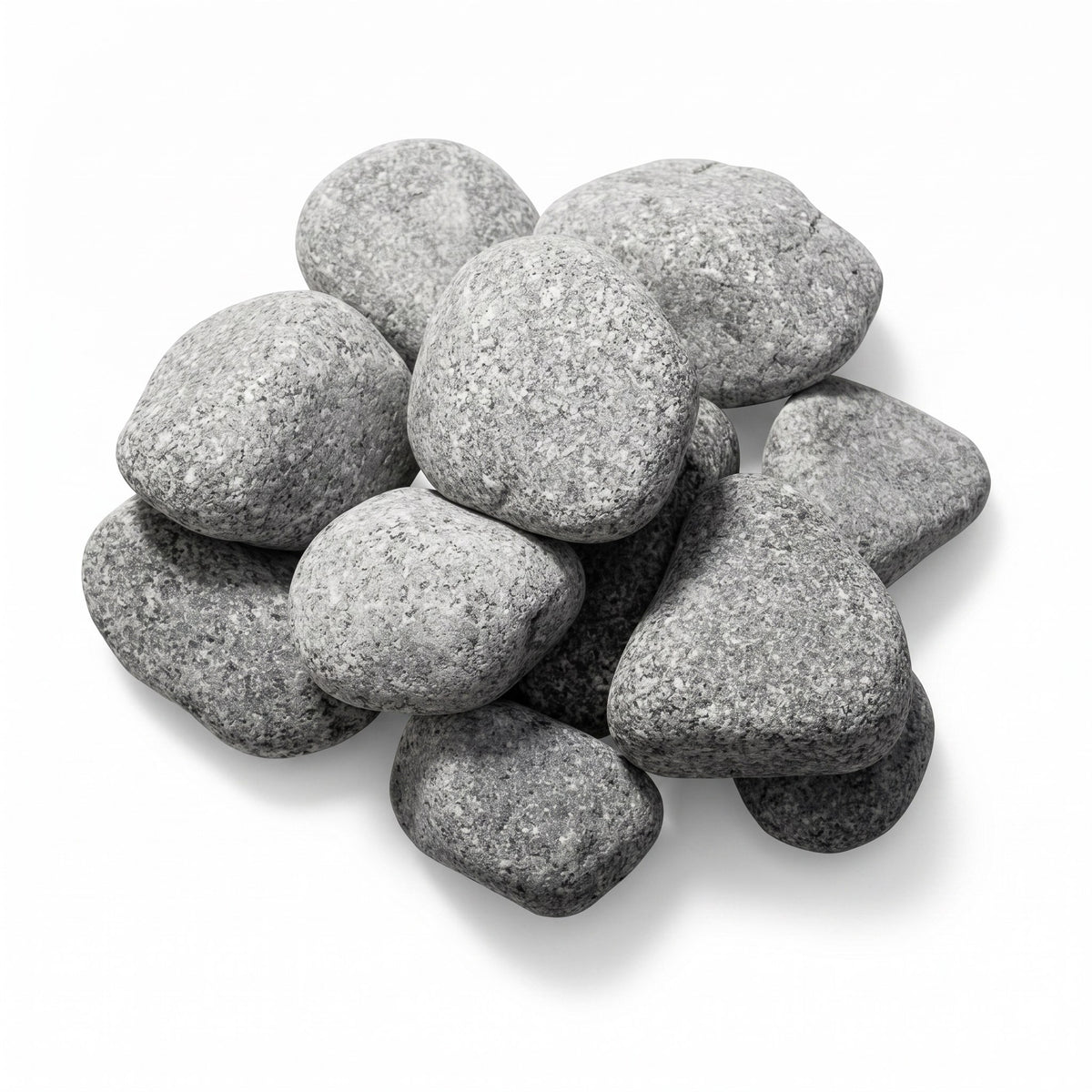 Pile of Saunum rounded grey olivine sauna heater stones in two-to-four inch size