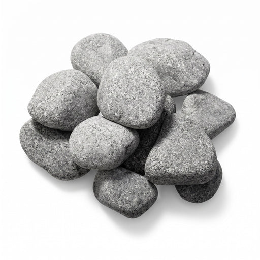 Pile of Saunum rounded grey olivine sauna heater stones in two-to-four inch size