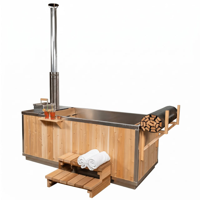 Dundalk Starlight wood burning hot tub with chimney, steps and towels on white