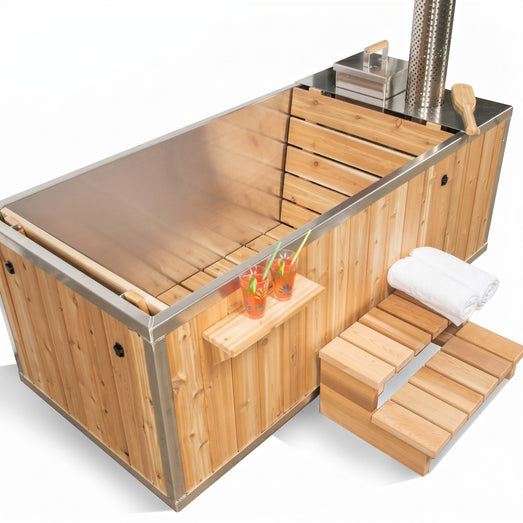 Dundalk Starlight wood burning hot tub angled view with open cedar interior