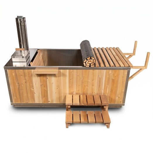 Dundalk Starlight wood burning hot tub side view with stove and rolled cover