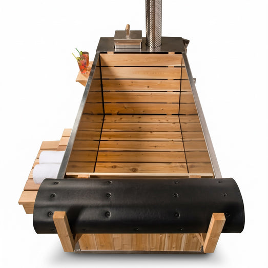 Dundalk Starlight wood burning hot tub top-down view with rolled black cover