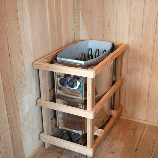 SunRay Aston 200TN sauna heater inside wooden protective guard rail