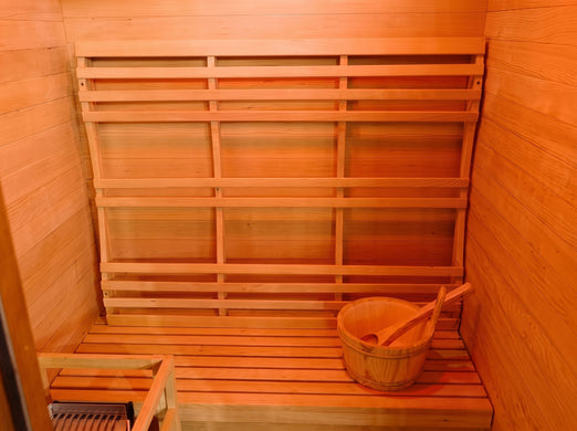 SunRay Bristow sauna bench and slatted backrest with a wooden bucket and ladle