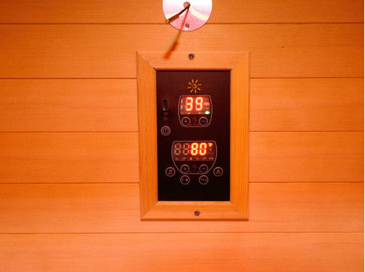 SunRay Bristow sauna digital control panel with red LED displays, mounted on the interior wall