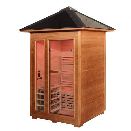 SunRay Bristow 2-person outdoor traditional sauna with black metal hip roof, glass door and glass side panel, front three-quarter view