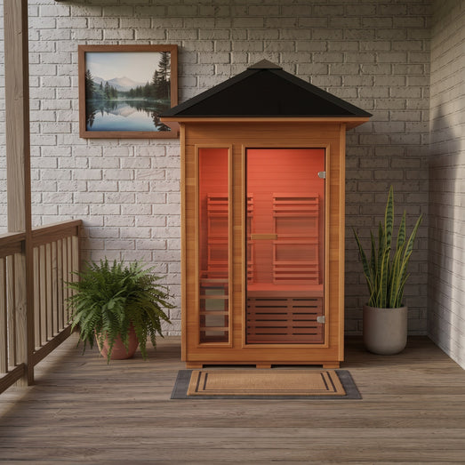 SunRay Bristow 2-person outdoor traditional sauna with black metal roof on a covered porch between potted plants
