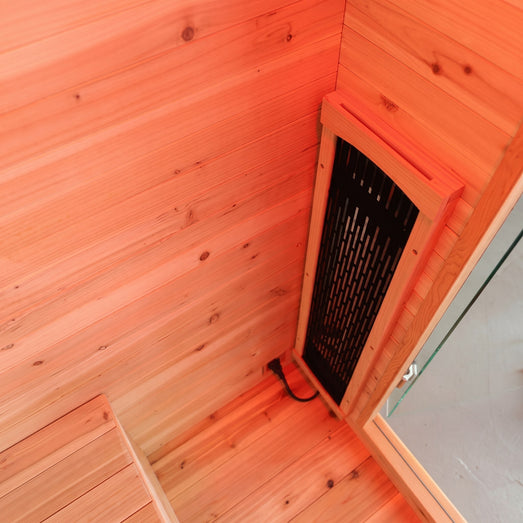 Corner view of Sunray Burlington 200D3 cedar interior and heater panel