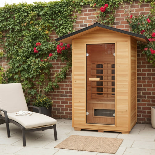 Sunray Burlington 200D3 sauna on a brick patio beside a lounge chair