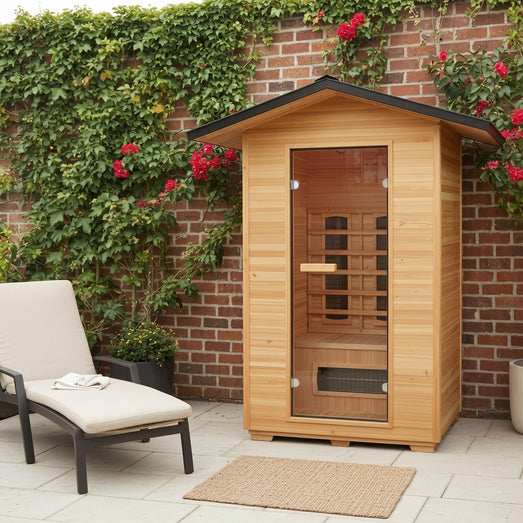 Sunray Burlington 200D3 sauna on a brick patio beside a lounge chair