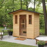 Sunray Cayenne 400D3 outdoor sauna set on a patio in a green garden
