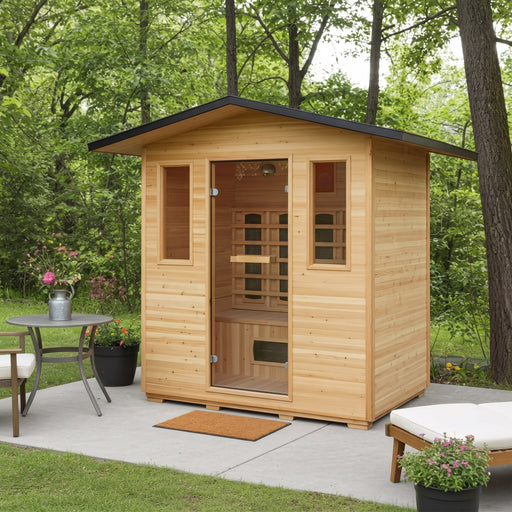 Sunray Cayenne 400D3 outdoor sauna set on a patio in a green garden