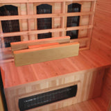 Close view of cedar backrest mounted above heaters in Sunray Cayenne 400D3