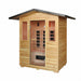 Angled view of the Sunray Cayenne 400D3 cedar outdoor infrared sauna cabin