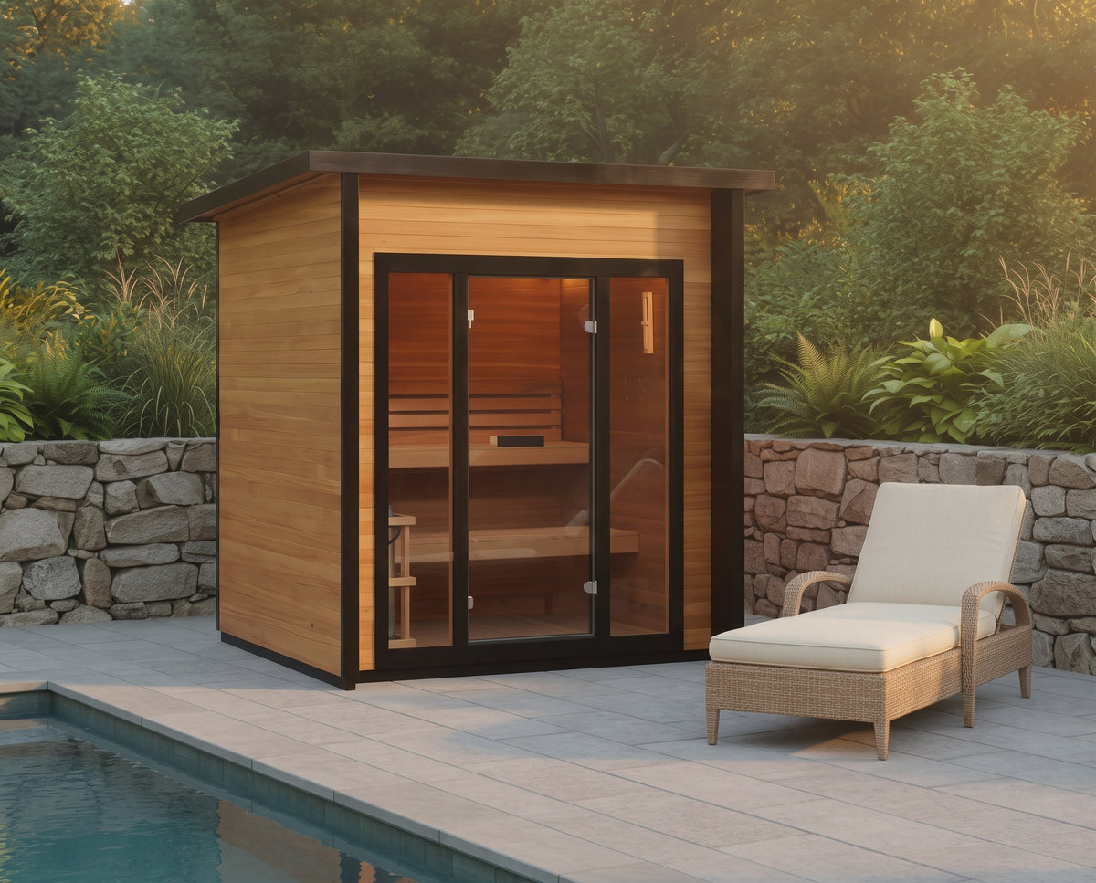 SunRay Cayman 4-person outdoor sauna beside a pool with a lounge chair