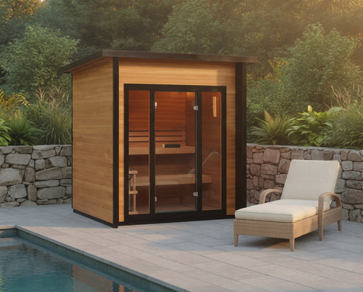SunRay Cayman 4-person outdoor sauna beside a pool with a lounge chair
