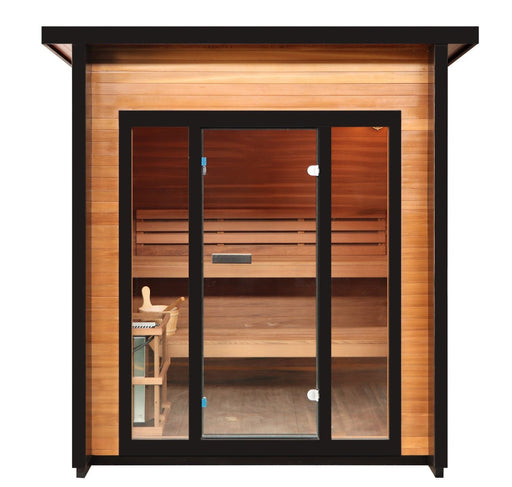 SunRay Cayman outdoor sauna front view with black-framed glass front and flat metal roof