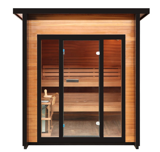 SunRay Cayman outdoor sauna front view with black-framed glass front and flat metal roof