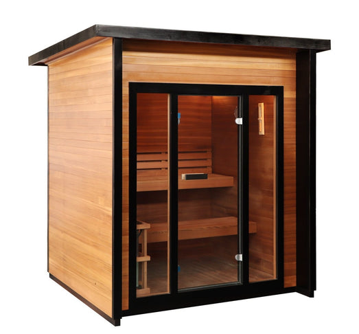 SunRay Cayman outdoor sauna three-quarter view showing the side wall and roof overhang