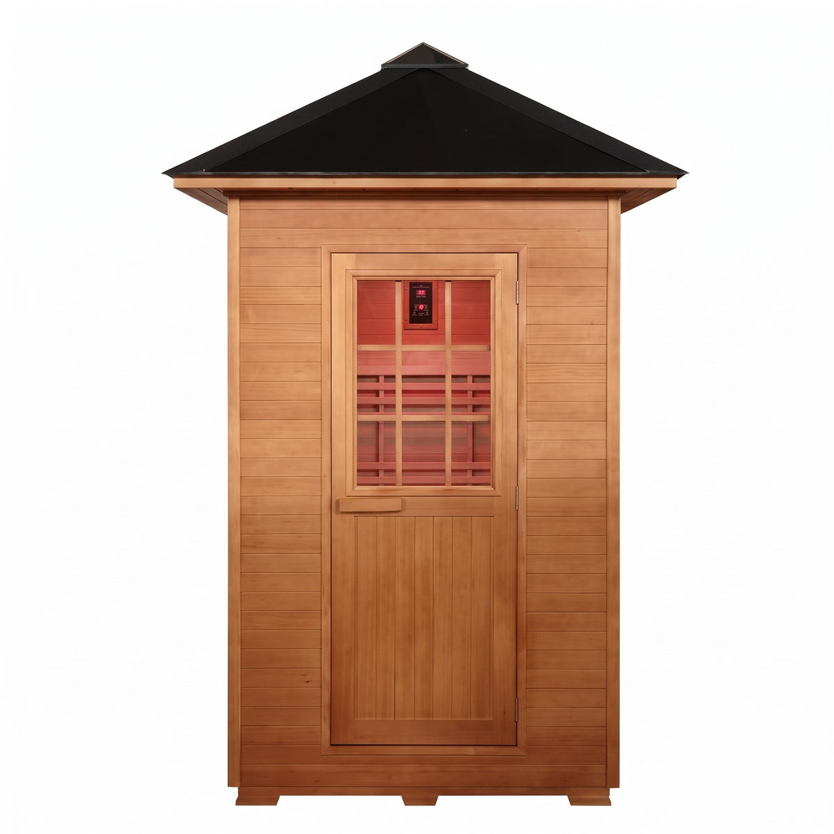 SunRay Eagle 2-person outdoor traditional sauna with black metal hip roof and wooden door with grid window, front view