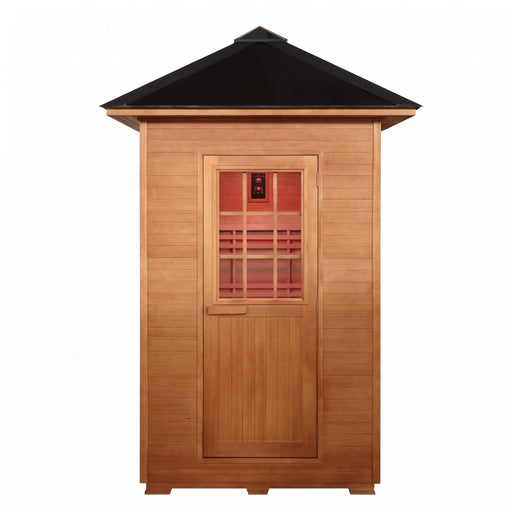 SunRay Eagle 2-person outdoor traditional sauna with black metal hip roof and wooden door with grid window, front view