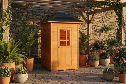 SunRay Eagle 2-person outdoor traditional sauna with black metal roof on a stone patio under a pergola, surrounded by potted plants