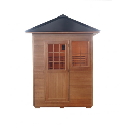 SunRay Freeport 3-person outdoor traditional sauna with black metal hip roof, wooden door with grid window and grid side window, front view