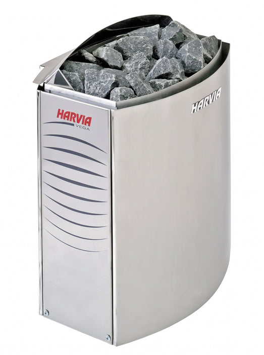 Harvia electric sauna heater filled with stones, as used in the SunRay Freeport sauna