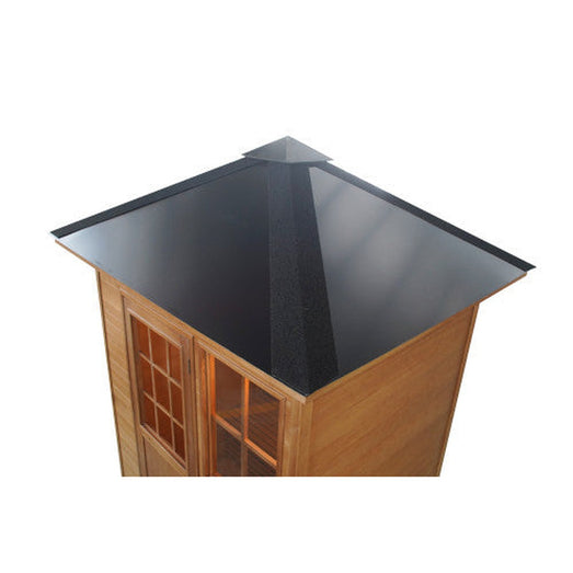 Black metal hip roof of the SunRay Freeport outdoor sauna, viewed from above