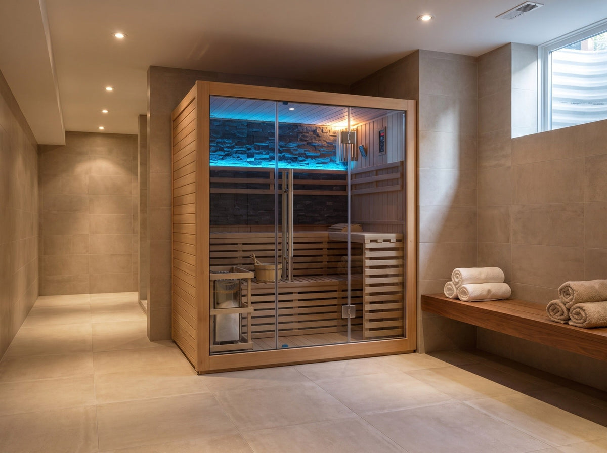 SunRay Galaxie 4-person indoor traditional sauna in a basement spa corridor, front three-quarter view
