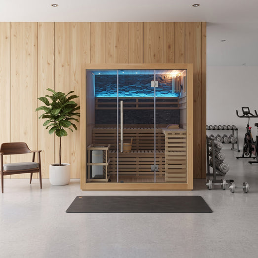 SunRay Galaxie indoor sauna in a home gym, front view