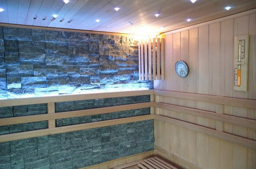SunRay Galaxie interior with the stone back wall, ceiling lights and thermo-hygrometer