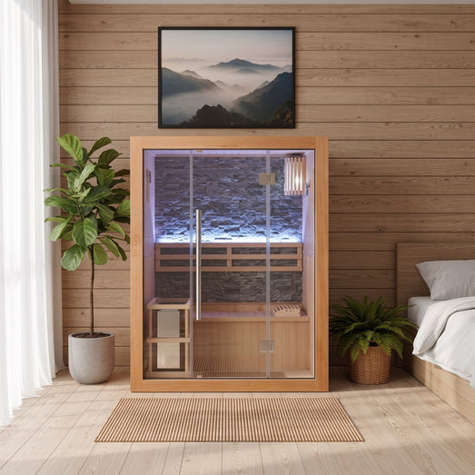 SunRay Rockledge 2-person indoor traditional sauna against a wood-plank wall in a bedroom